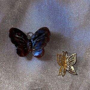 Vintage Butterfly Pendants Gold Filigree with Rhinestones and Carved Tiger’s Eye